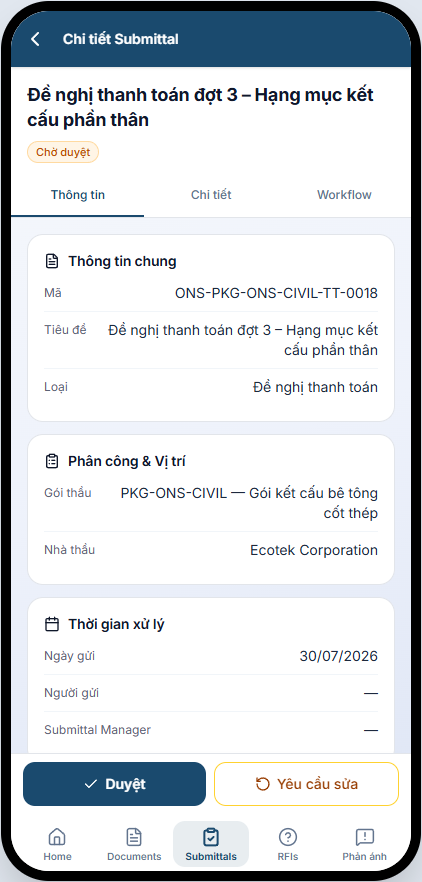 Màn hình phê duyệt hồ sơ đệ trình trên ứng dụng di động